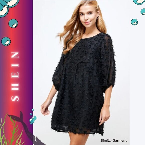 SHEIN (L) A-Line Woven Dress with Swiss floral Dots black Textured Fabric - Picture 1 of 13